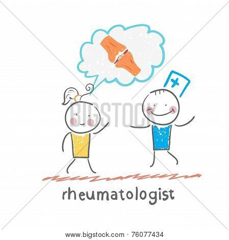 rheumatologist listens to the patient, who speaks of the pain in the joints