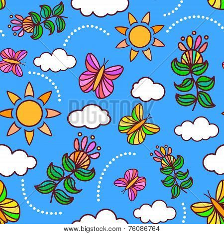 Joyful spring or summer sky seamless pattern with butterflies