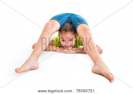 Flexible contortionist kid girl playing happy on white background