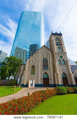 Houston cityscape and Antioch Baptist Church in Texas US