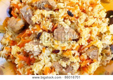 pilaf with meat, close-up