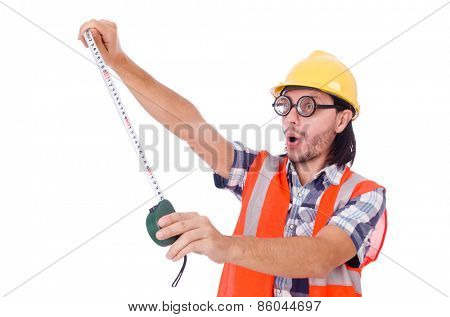 Funny constructon worker with tape-line isolated on white