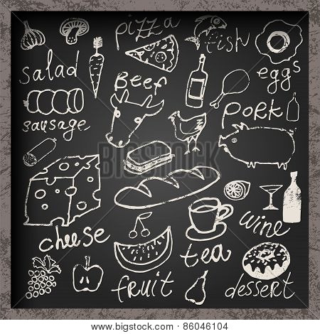 Set of hand-drawn food on chalkboard. Restaurant food menu design. Vector illustration.