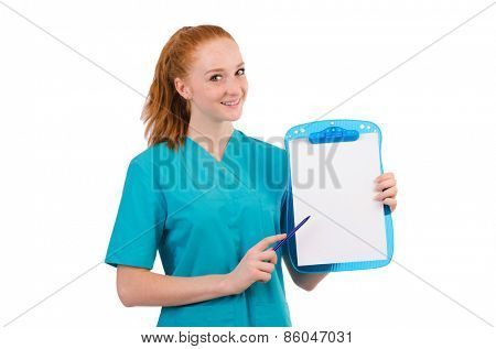Careful nurse isolated on white