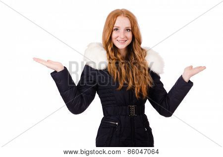 Pretty girl in warm clothes isolated on white