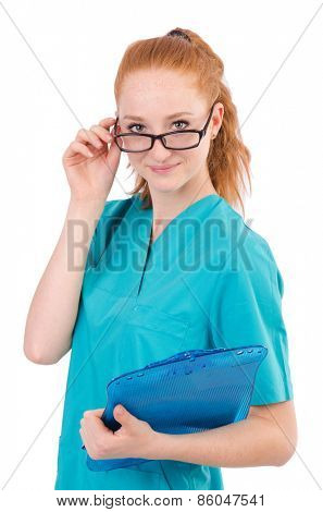 Careful nurse isolated on white