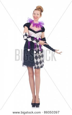 A girl in harlequin costume isolated on white
