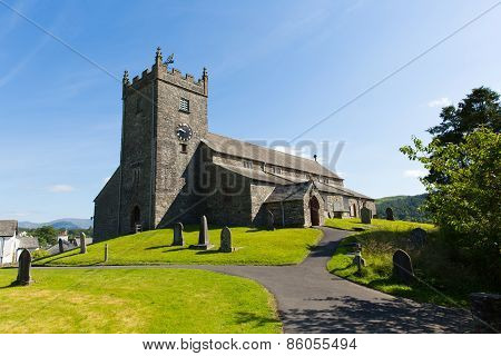 Hawkshead church Lake District Cumbria St Michael and All Angels in summer blue sky