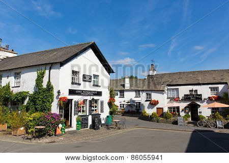 Hawkshead village pub and shop in the Lake District England uk on a beautiful sunny summer day