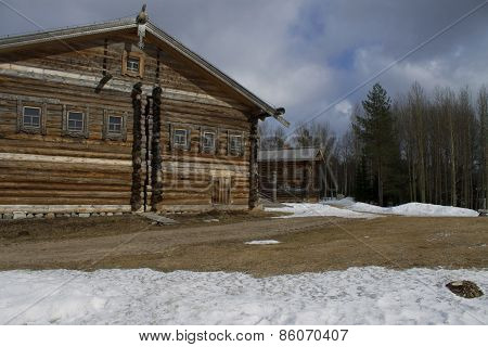 old log house on a spring day
