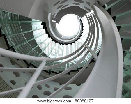 modern glass spiral staircase with metallic hand-rails.