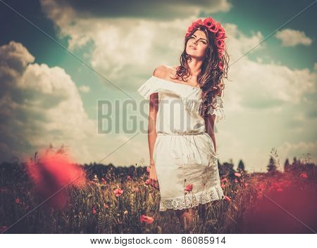 Beautiful girl wearing white summer dress and flower chaplet in poppy filed