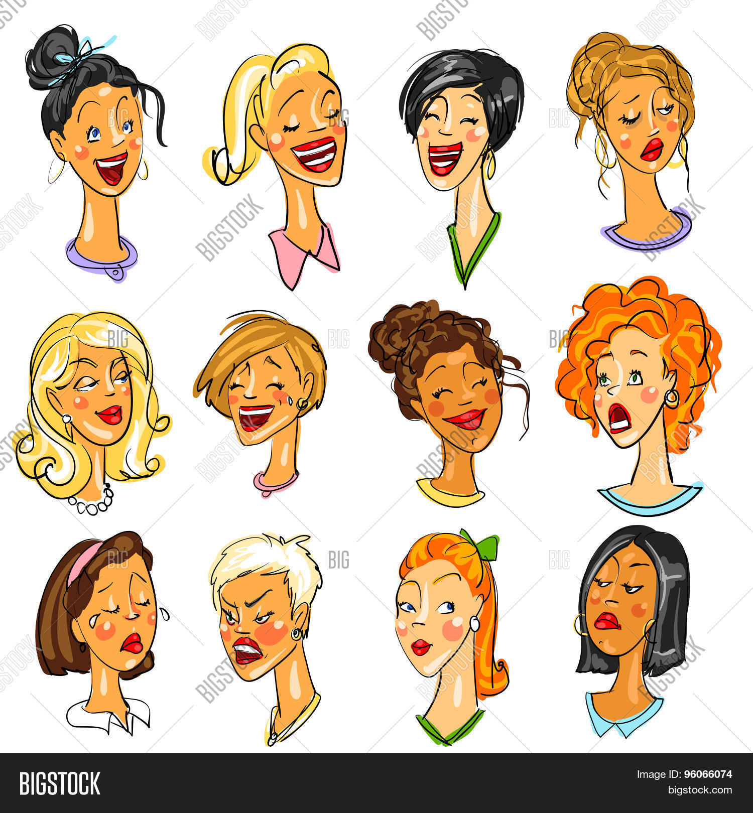 Faces set. Забавные рожицы. Рожицы смешные мультяшные. Женские разные эмоции вектор. Faces set.