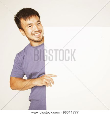 pretty cool asian man holding empty white plate smiling