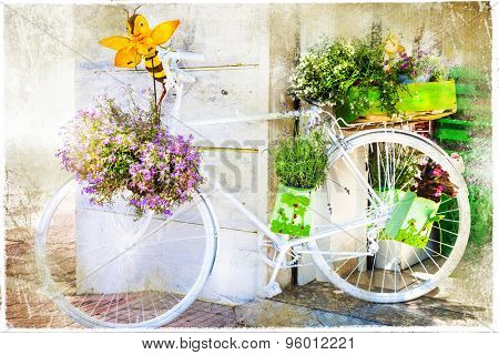 charming street decoration with bike and flowers, artistic pictu