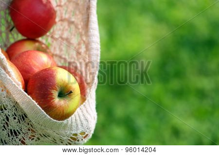 Red apple in hemline of female clothing, closeup