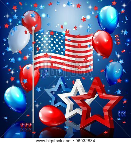 Shiny Usa Celebration Independence Day Concept With Nation Flag Stars Confetti And Balloons On Blue