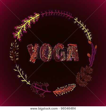 card with word yoga with frame from wreath floral ornament