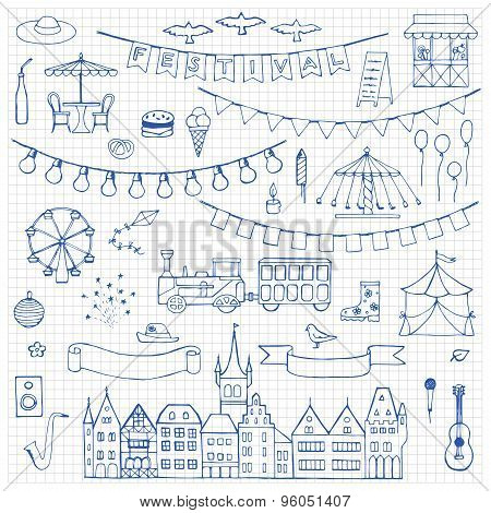 Festival hand drawn doodle set