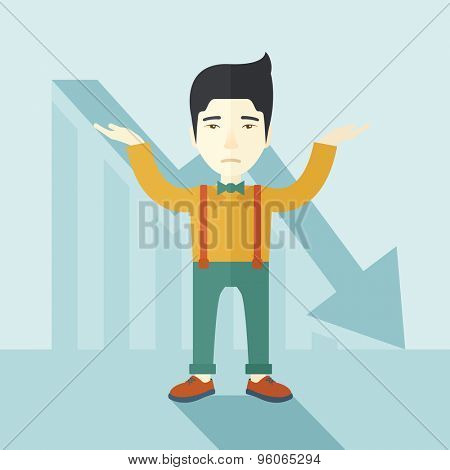 A sad asian guy raising his two arms surrendering causing of his failed business. Graph arrow down, shares fall. Unsuccessful business concept. A contemporary style with pastel palette soft blue