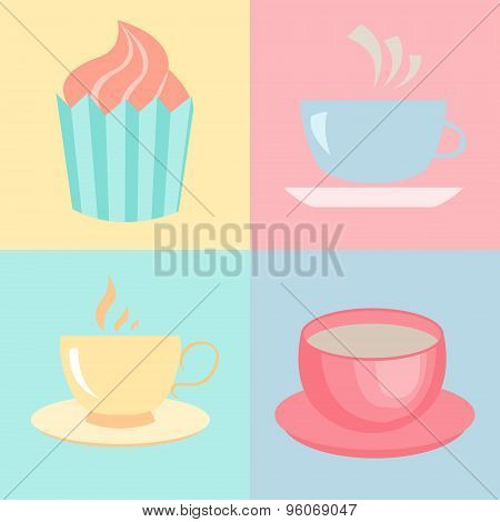 Cute Cups And Cakes. Vector Illustration.