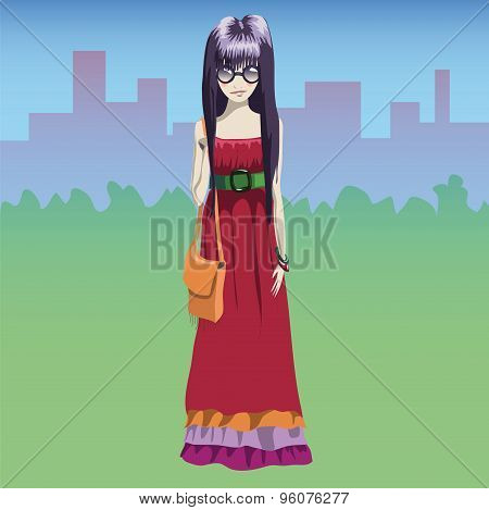 Stylish hippie girl with urban background