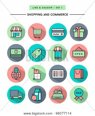 Set Of Flat Design,long Shadow, Thin Line Shopping And Commerce Icons