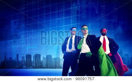 Superhero Business People Strength Cityscape Stock Exchange Concept