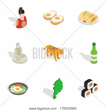 Travel to South Korea icons set. Isometric 3d illustration of 9 travel to South Korea vector icons for web