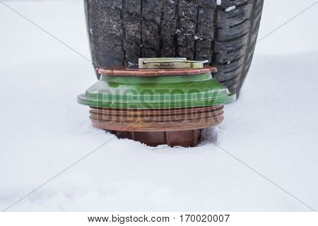 Wheel machines and Soviet tank-stopping mine, USSR