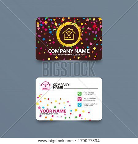 Business card template with confetti pieces. Smart home sign icon. Smart house button. Remote control. Phone, web and location icons. Visiting card  Vector