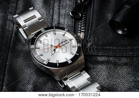 closeup 3 hands luxury men's watch, automatic wristwatch