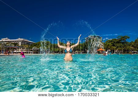 CAIRNS, AUSTRALIA - 27 MARCH 2016. Tropical swimming lagoon on the Esplanade in Cairns with artificial beach, Queensland, Australia.
