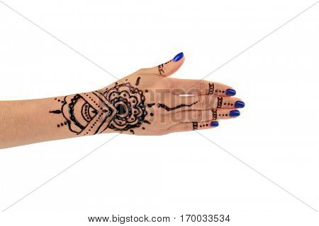 Female hand with henna tattoo, isolated on white