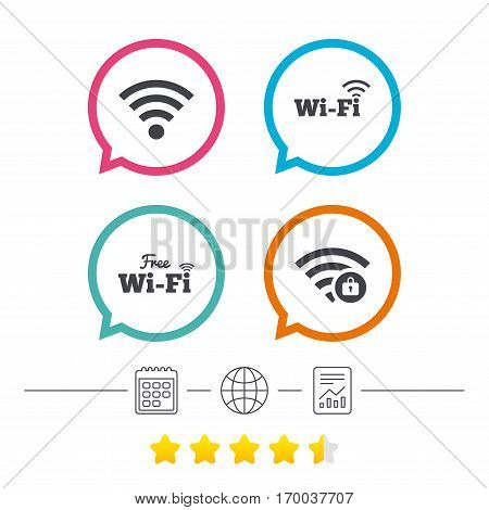 Free Wifi Wireless Network icons. Wi-fi zone locked symbols. Password protected Wi-fi sign. Calendar, internet globe and report linear icons. Star vote ranking. Vector
