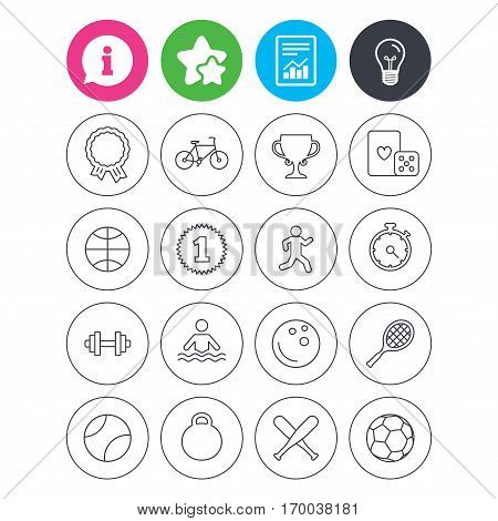Information, light bulb and report signs. Winners and sport icons. Winner cup, medal award and first place emblem. Bike, playing card with dice and runner. Vector