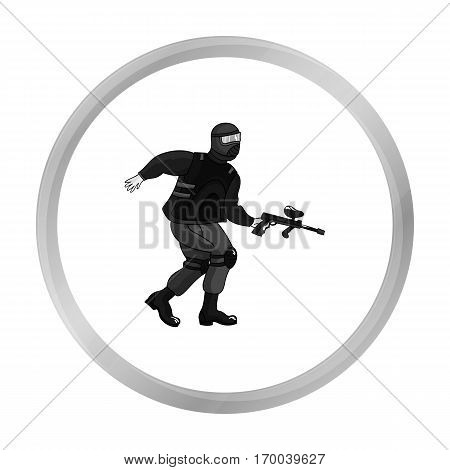 Paintball player icon in outline design isolated on white background. Paintball symbol stock vector illustration.