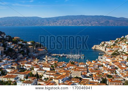Bird's eye view of Hydra island, Greece.