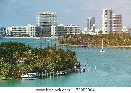 Skyline of Miami city at sunny day time. Pamorama of miami bay. Travel to Miami