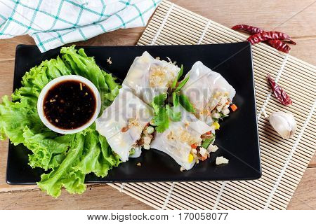 Noodle tube is appetizer menu Asia. made from noodle stuffed with pork and vegetables cooking by steamed.
