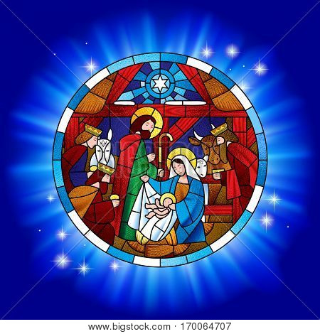 Circle stained glass with the Christmas and Adoration of the Magi scene in blue shining. Vector illustration