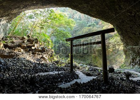 Shinto shrine gateway in the cave