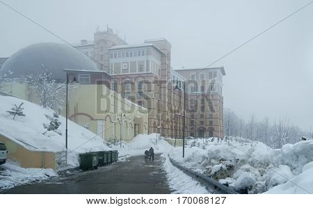 Sochi, Russia - January 21, 2017: Solis Sochi Hotel Upper Gorky Gorod - all-season resort town 960 meters above sea level in the village of Krasnaya Polyana