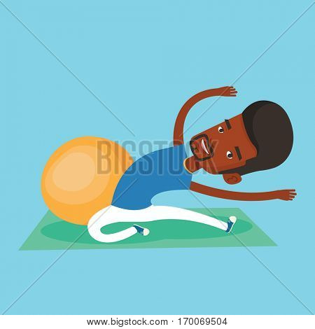 African-american man exercising in the gym. Man doing stretching on exercise mat. Sportsman stretching before training. Man doing stretching exercises. Vector flat design illustration. Square layout.