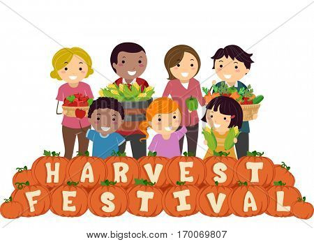 Stickman Illustration of a Family Carrying Baskets Filled with Fruits and Vegetables Standing Behind a Row of Pumpkins That Spell Out Harvest Festival