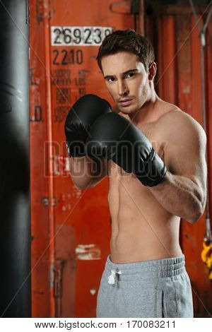 Image of young strong boxer posing in a gym near punchbag. Looking at camera.