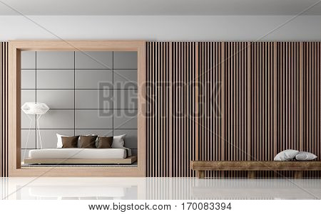 Modern Bedroom interior 3d rendering image View from front of room.There are walls with Wood lattice and empty wall paint with grey colour. There is wood bench in front of room