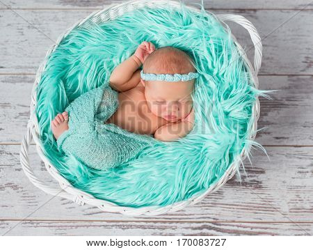 lovely sleeping newborn girl in round cot with turquoise fluffy blanket
