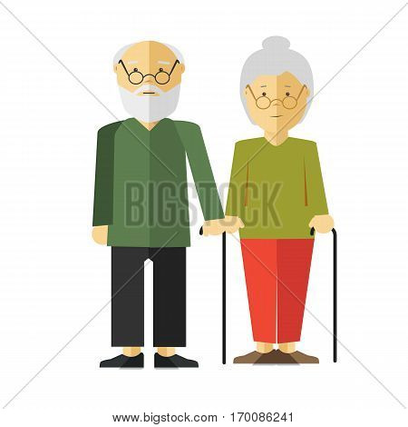 Elderly standing couple with holding sticks on white. Old man and woman with grey hair and glasses wearing green sweaters, black and red trousers and shoes. Vector illustration of pensioners