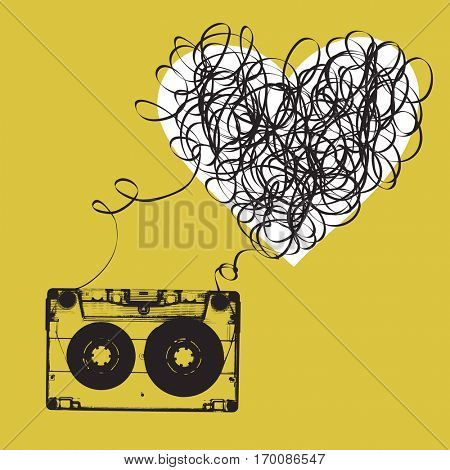 Audiocassette with tangled tape. Haert shaped